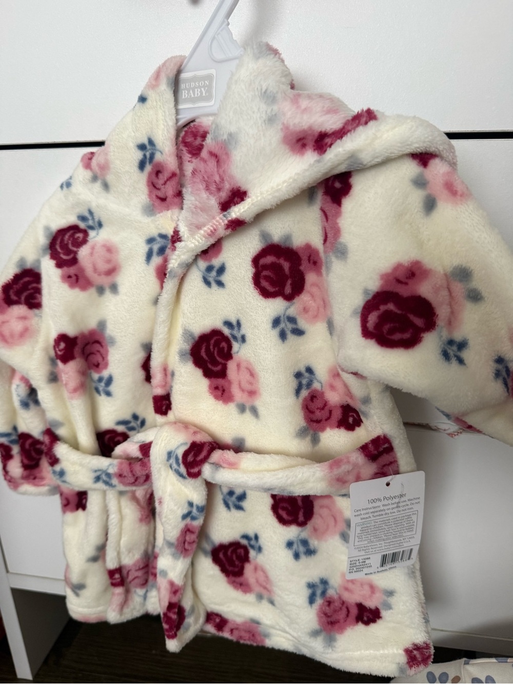 Hudson Baby Ivory Plush Hooded Bathrobe with Pink & Burgundy Roses